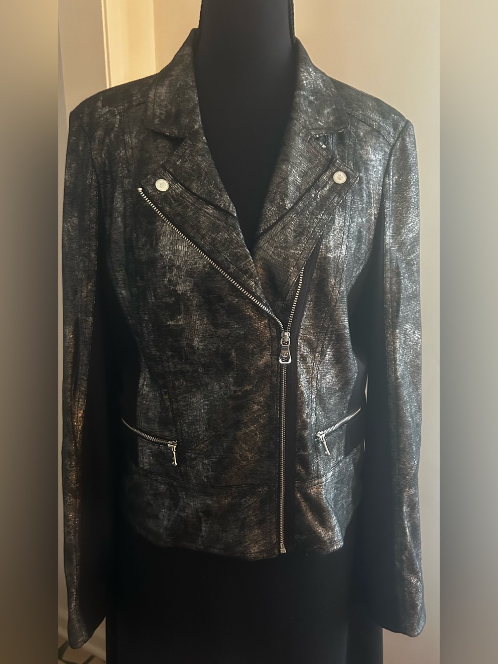 Gerry Weber Metallic Gun Metal Moto Jacket Size 38 Like New